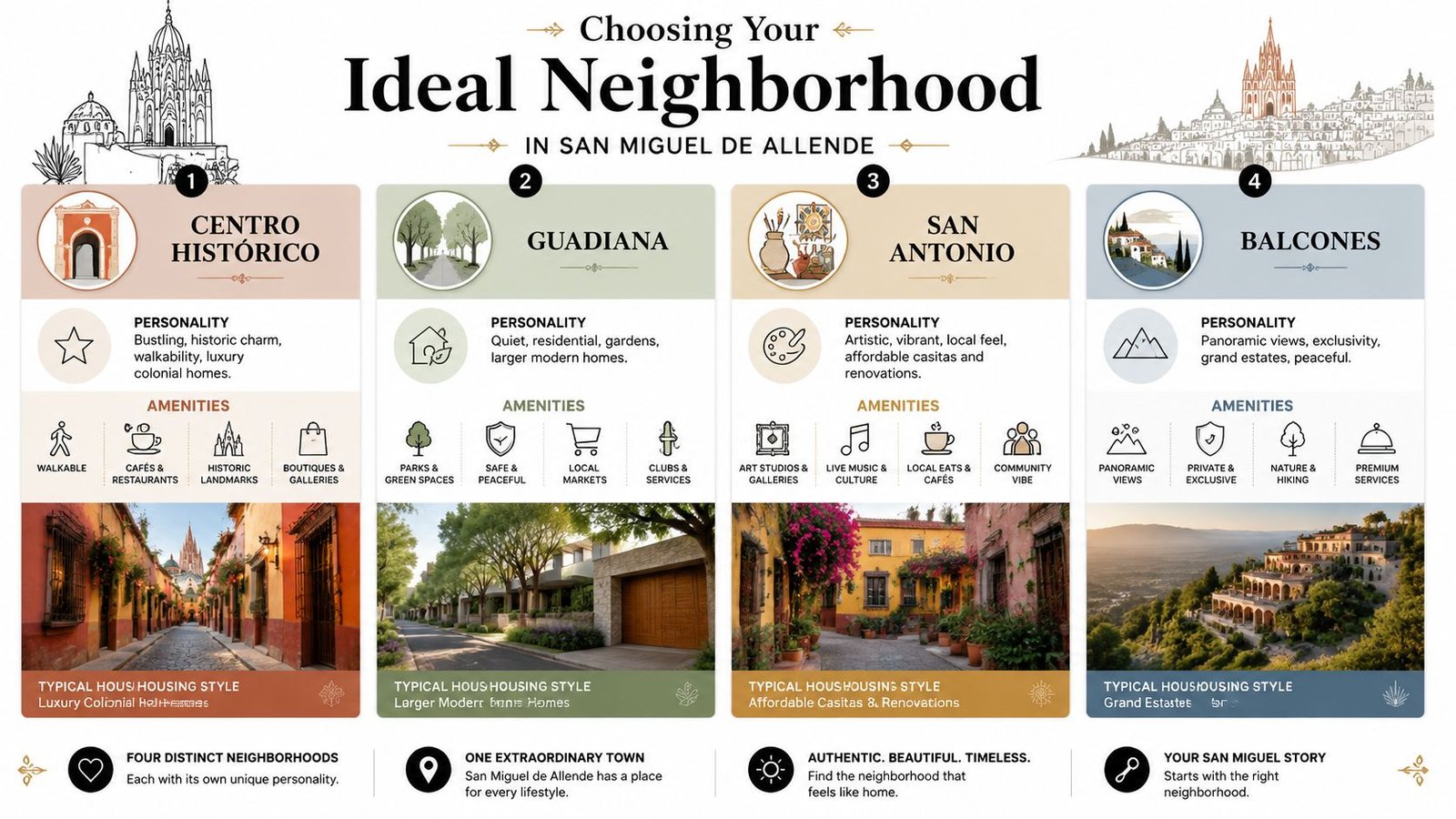 An infographic showing four distinct neighborhoods in San Miguel de Allende, Mexico, with descriptions and typical housing styles.