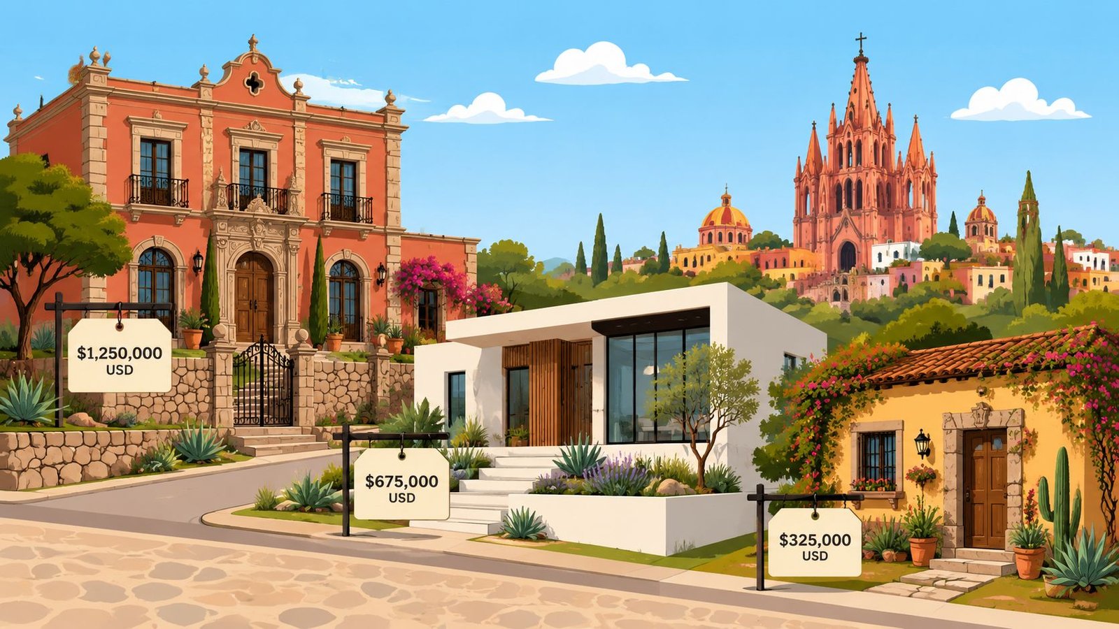 A scenic illustration showing various house styles for sale in San Miguel de Allende, Mexico.