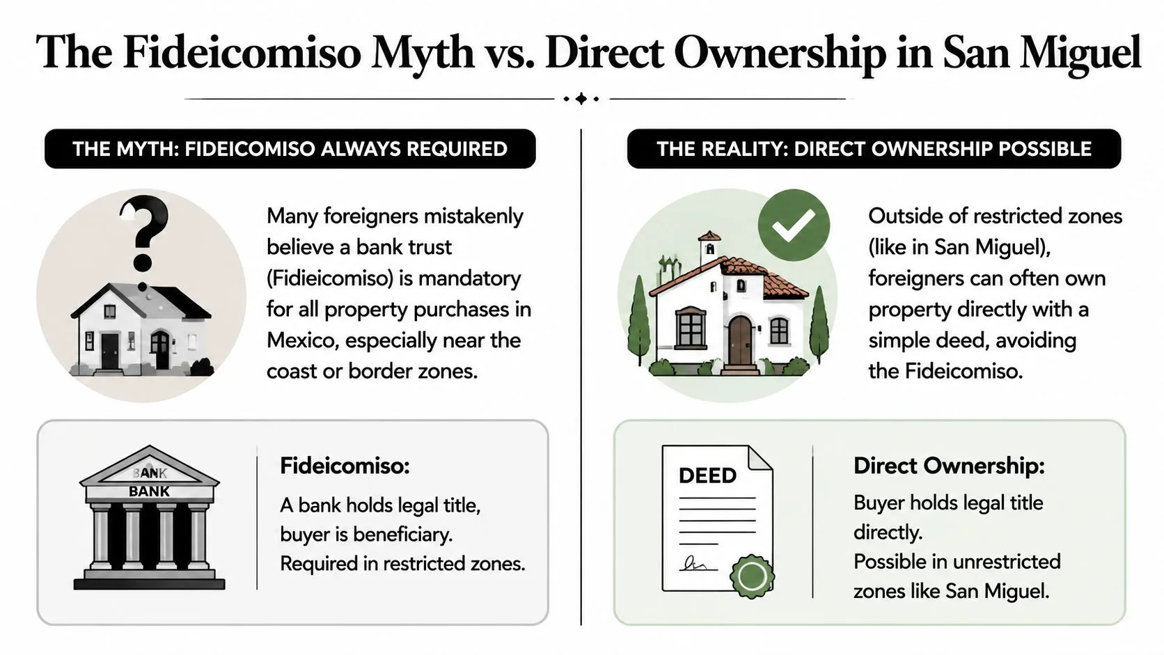 How to Buy Property in Mexico: A San Miguel Guide - Inside San Miguel A comparison infographic explaining the difference between Fideicomiso bank trusts and direct property ownership in Mexico.