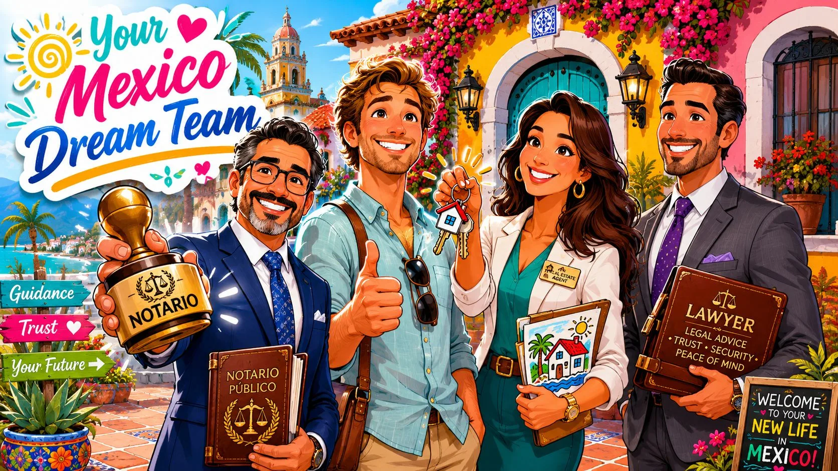 How to Buy Property in Mexico: A San Miguel Guide - Inside San Miguel A professional team in Mexico including a notary, realtor, and lawyer assisting a buyer with property.