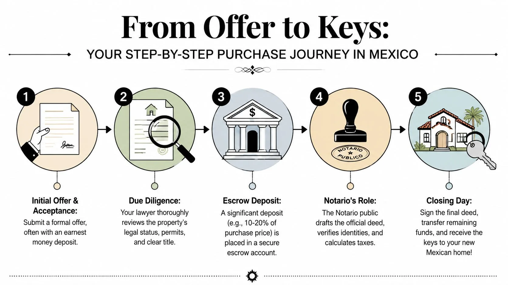 How to Buy Property in Mexico: A San Miguel Guide - Inside San Miguel An infographic showing the five-step process for purchasing real estate property in Mexico, from initial offer to closing.