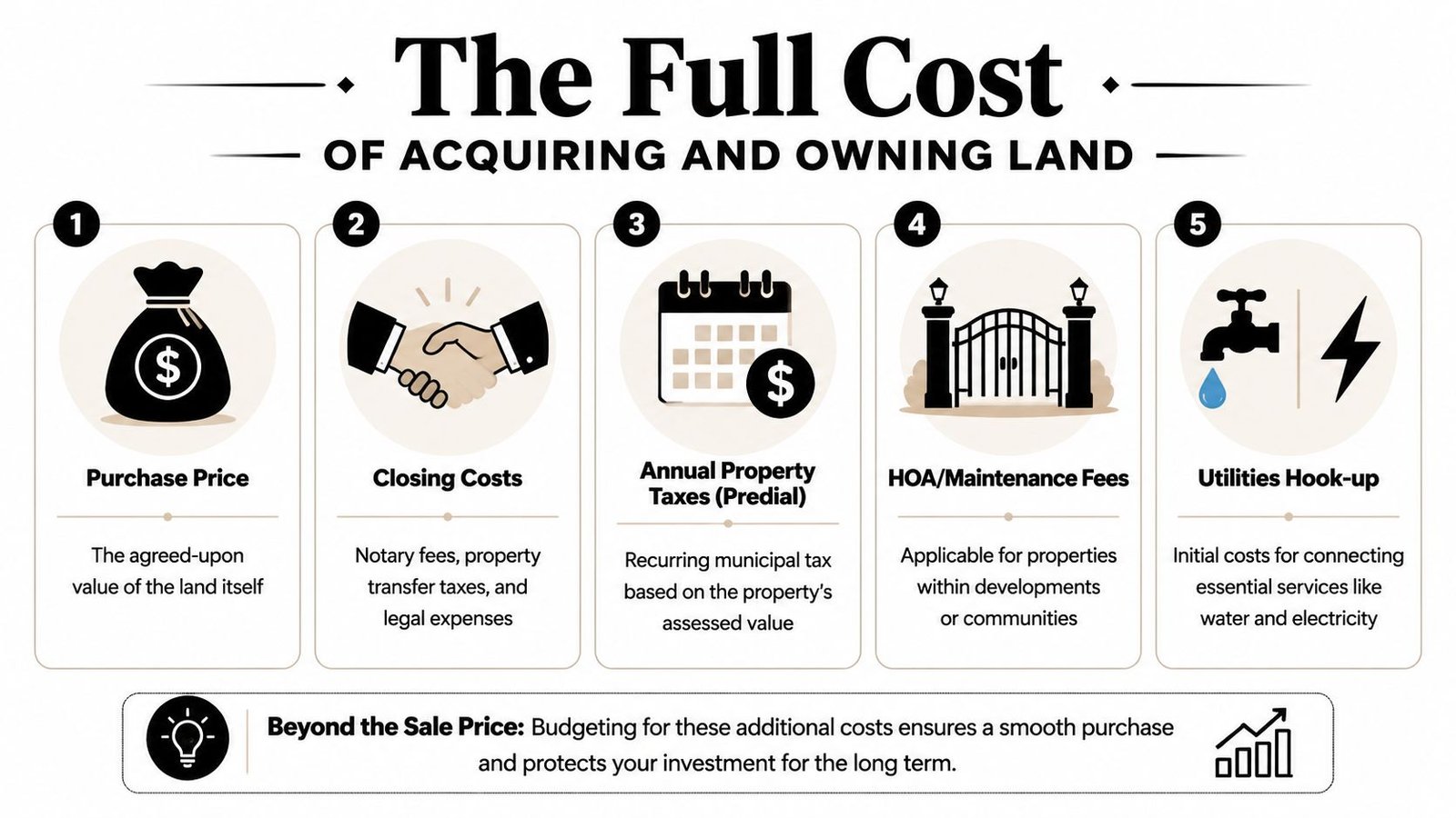 An infographic detailing the five key financial costs associated with acquiring and owning land.