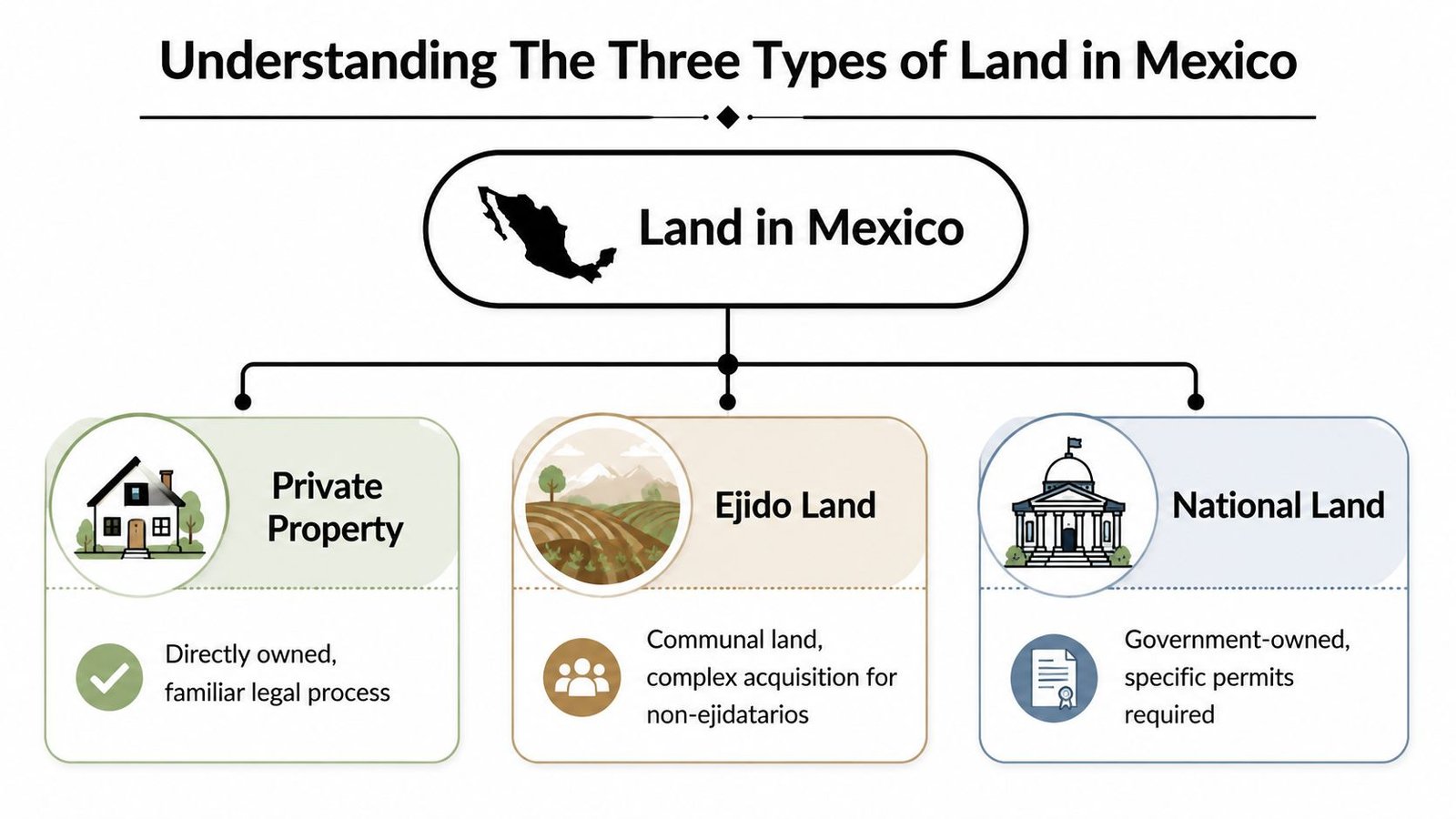 A diagram explaining three categories of land in Mexico: private property, ejido land, and national land.
