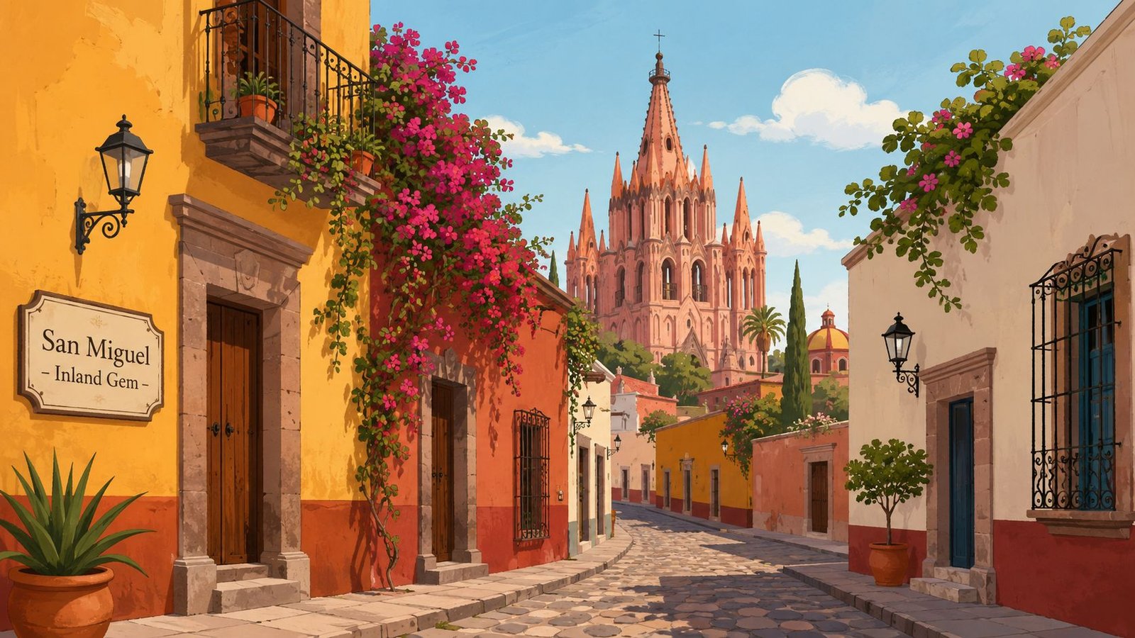 A scenic street in San Miguel de Allende, Mexico, featuring colonial architecture and a iconic church tower.