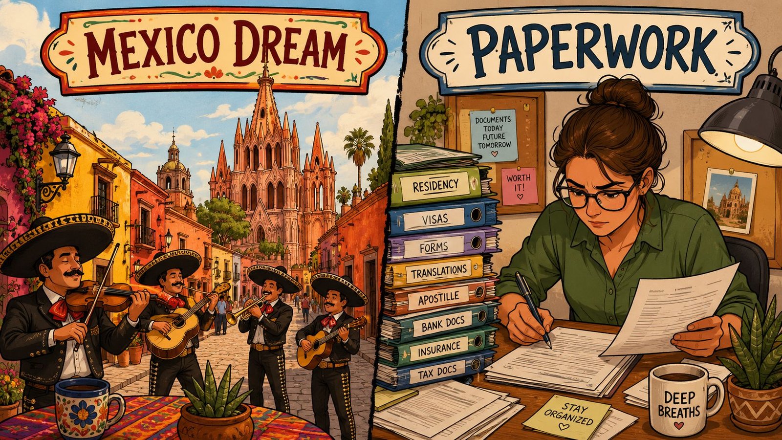 A split image contrasting a vibrant Mexican street scene with a person focused on organizing immigration paperwork.