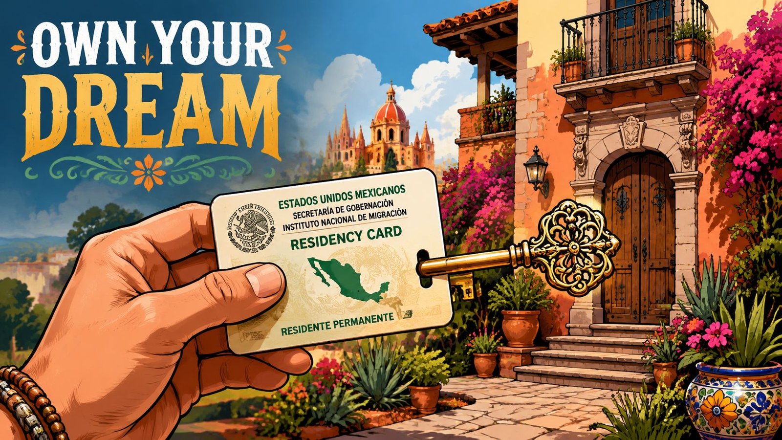 A hand holding a permanent Mexican residency card with a golden key, set against a Mediterranean-style home.