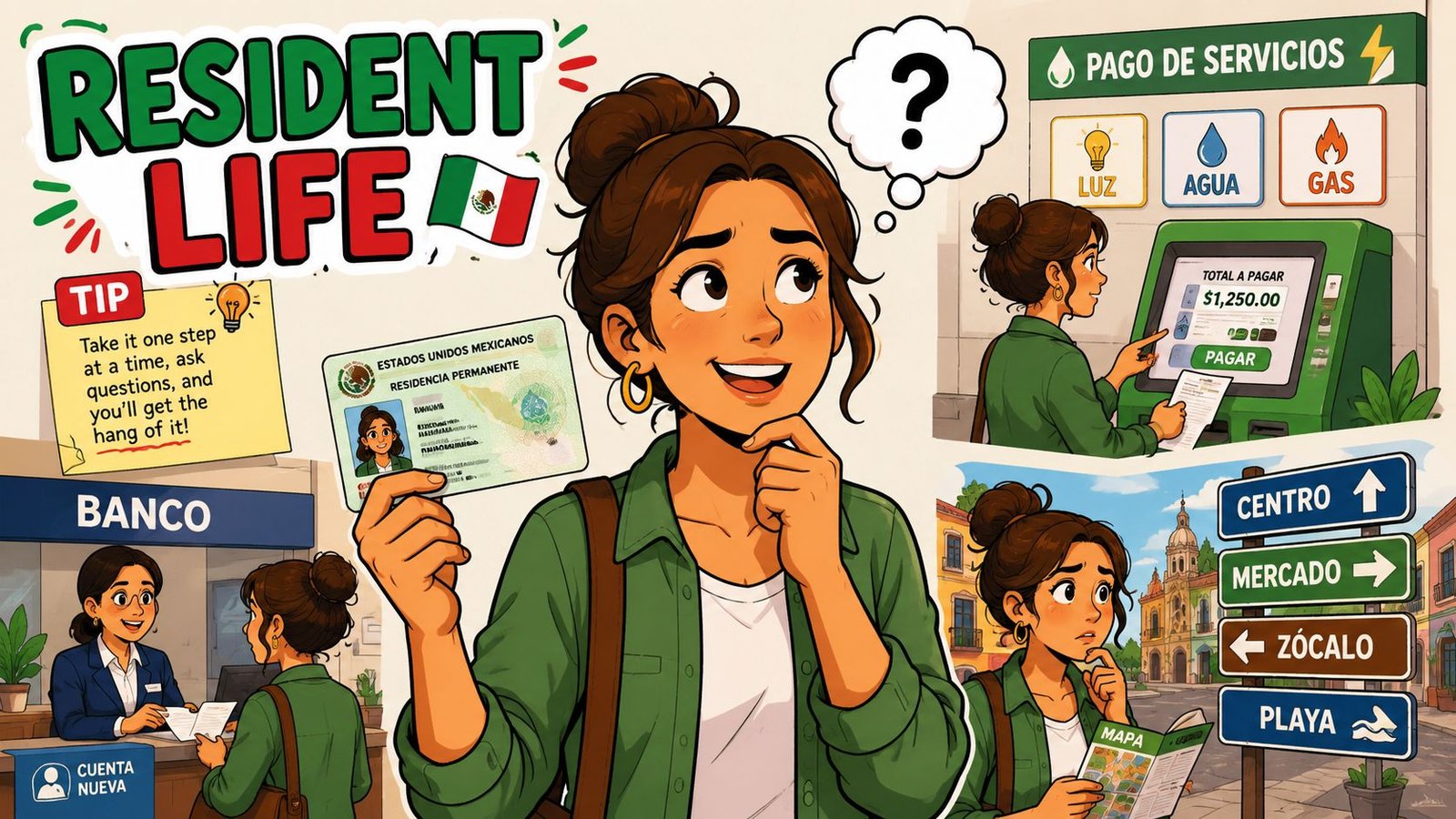 A woman holding a Mexican permanent residency card while navigating daily tasks like banking and paying bills.