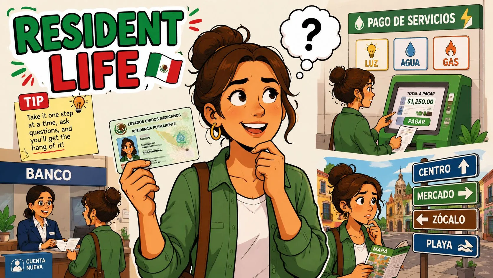 A woman holding a Mexican permanent residency card while navigating daily tasks like banking and paying bills.