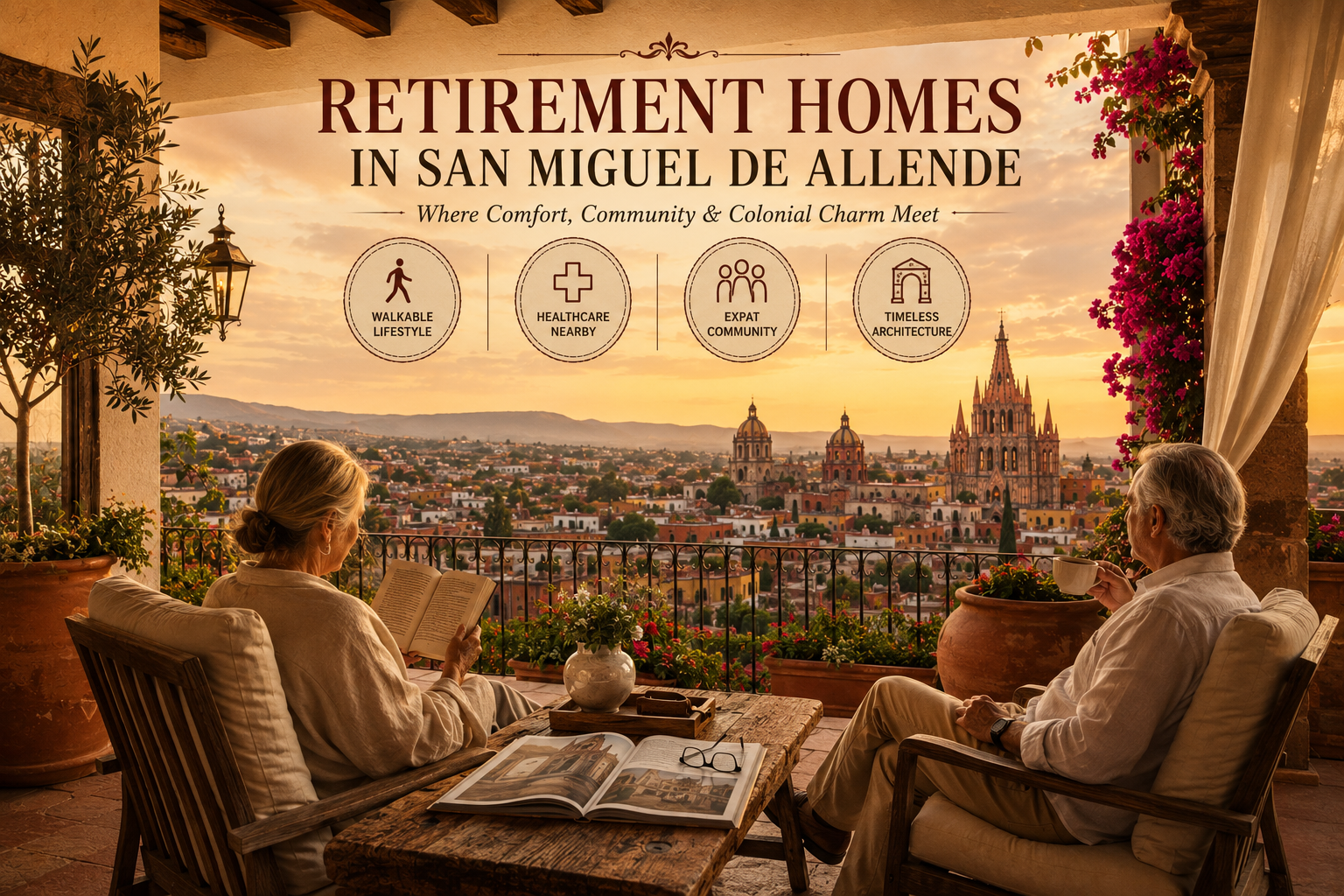 pareja de señores de la tercera edad sentandos en una terraza con vistas a la parroquia de san miguel de allende