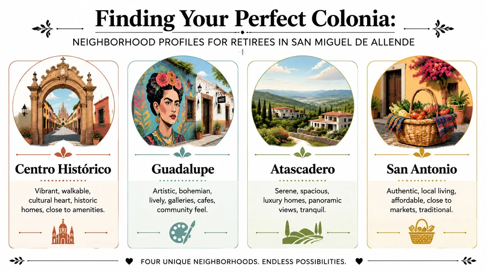 A visual guide comparing four different neighborhoods for retirees to live in San Miguel de Allende, Mexico.