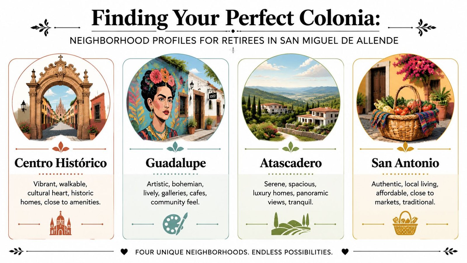 A visual guide comparing four different neighborhoods for retirees to live in San Miguel de Allende, Mexico.