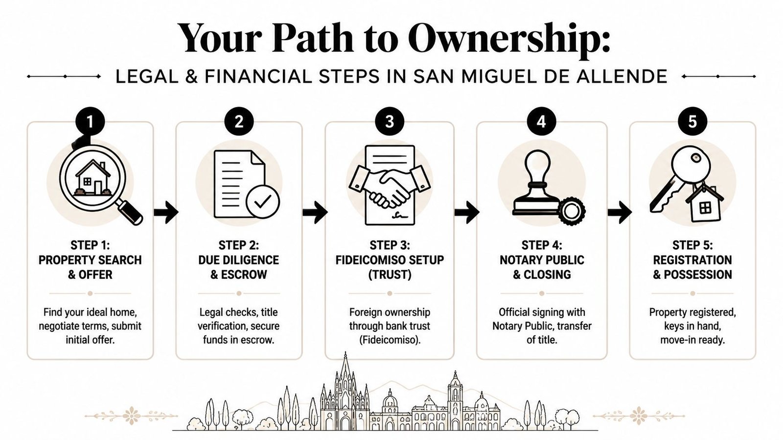 A five-step guide for purchasing property in San Miguel de Allende, showcasing the legal and financial process.