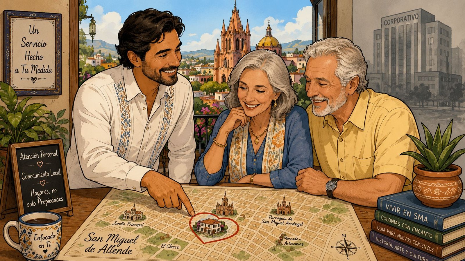 A professional real estate agent discusses San Miguel de Allende property options with an older couple.