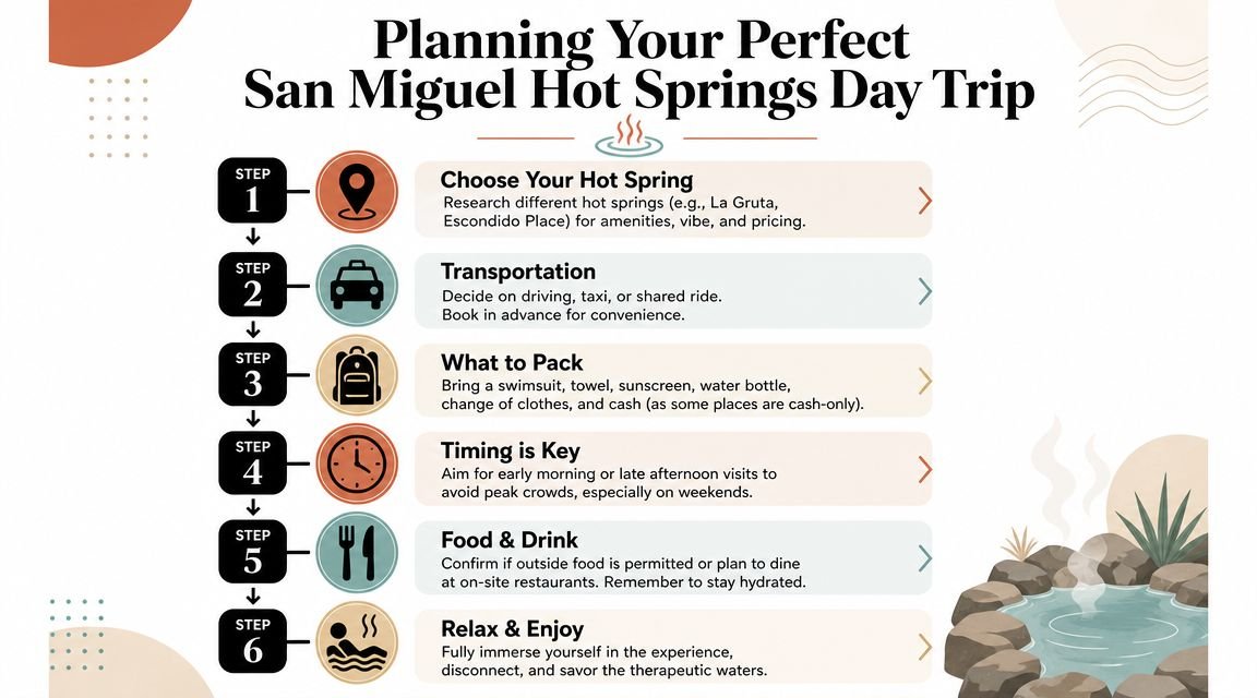 San Miguel De Allende Hot Springs: A Lifestyle Guide 2026 - Inside San Miguel An infographic titled Planning Your Perfect San Miguel Hot Springs Day Trip with six numbered steps.