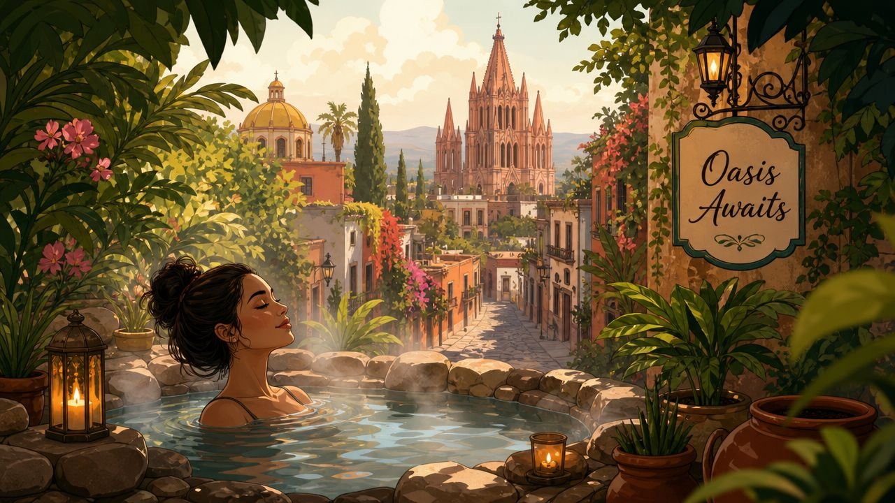 San Miguel De Allende Hot Springs: A Lifestyle Guide 2026 - Inside San Miguel A woman relaxing in a stone hot spring overlooking the iconic church of San Miguel de Allende, Mexico.