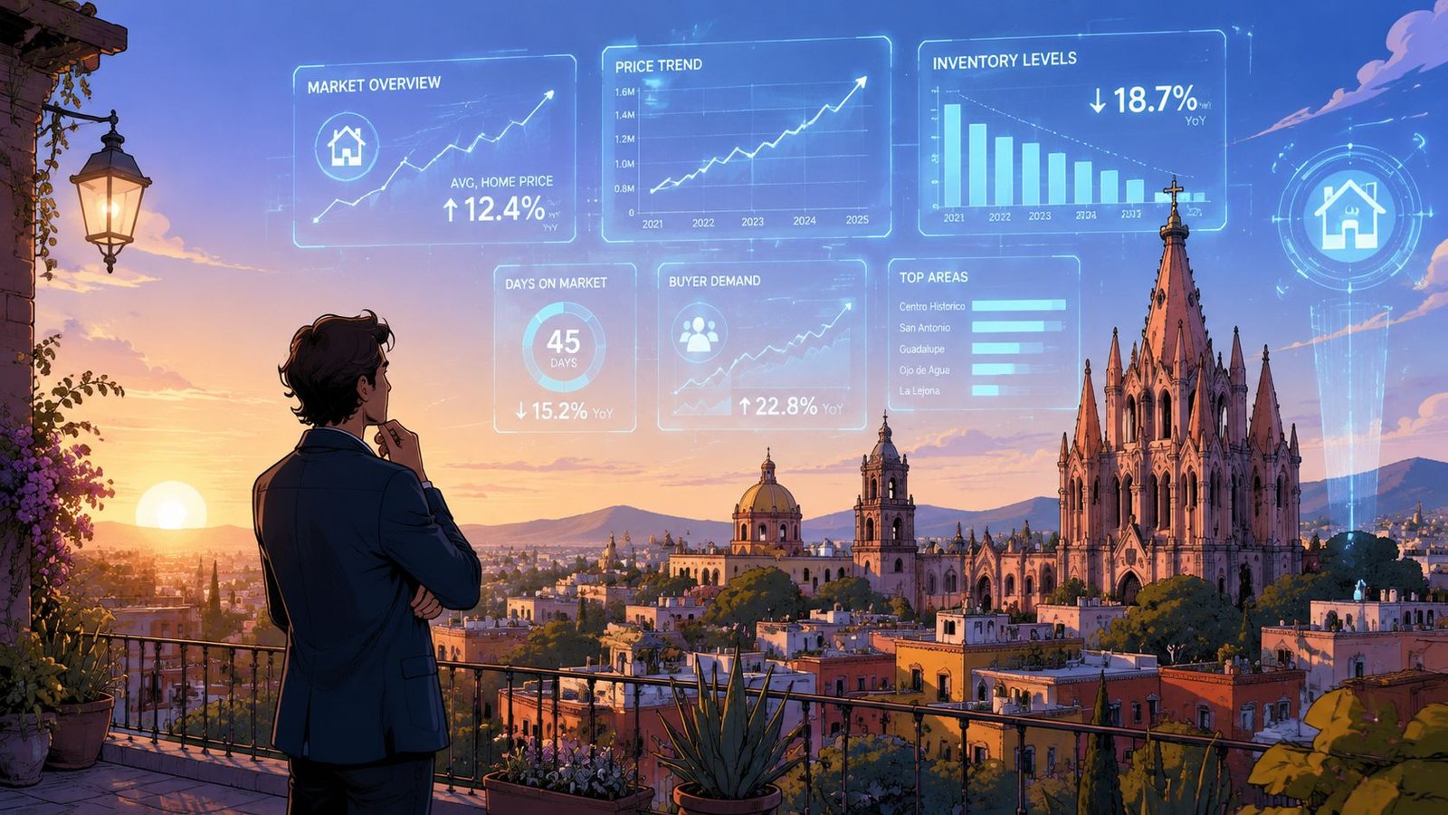 San Miguel De Allende Houses for Rent: Your 2026 Guide - Inside San Miguel A businessman overlooking San Miguel de Allende at sunset with digital real estate market analytics overlay.