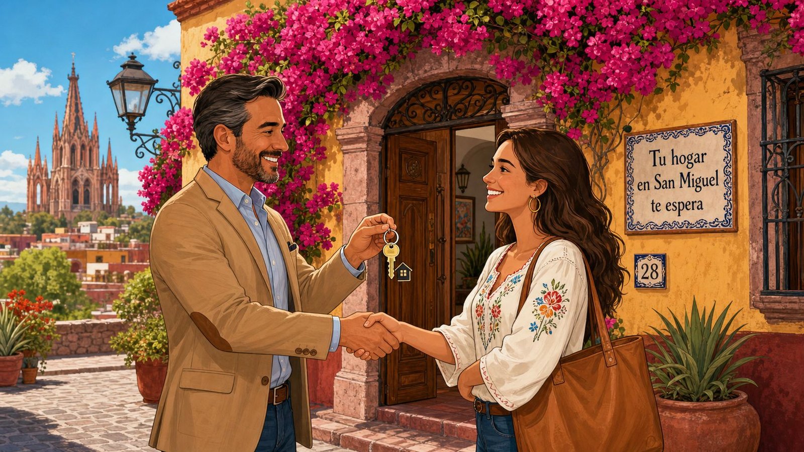 San Miguel De Allende Houses for Rent: Your 2026 Guide - Inside San Miguel A real estate agent handing over house keys to a smiling woman in front of a colonial home.