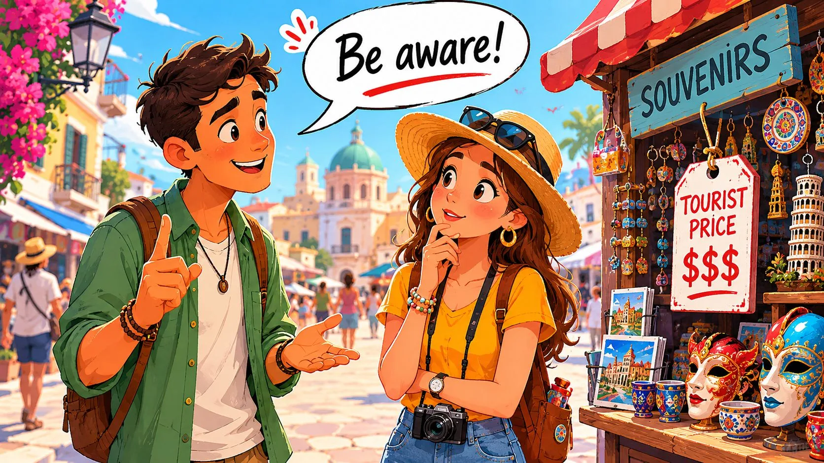 A young couple having a conversation in a vibrant tourist market with souvenirs in the background.