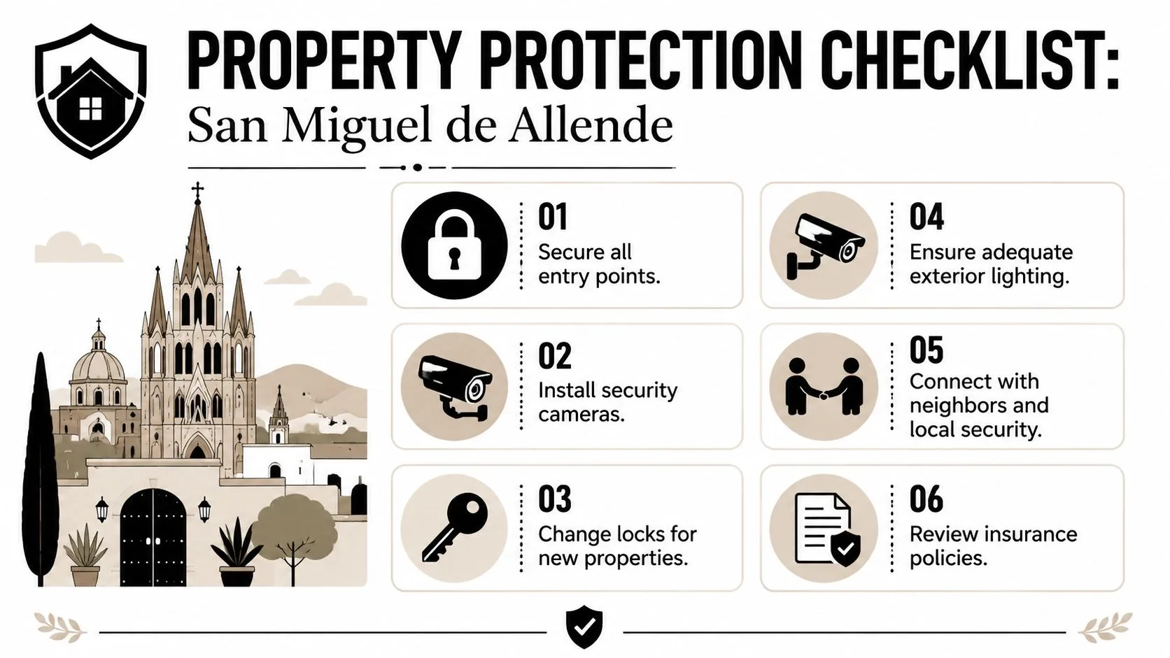 A checklist for protecting property in San Miguel de Allende, featuring six essential home security tips.