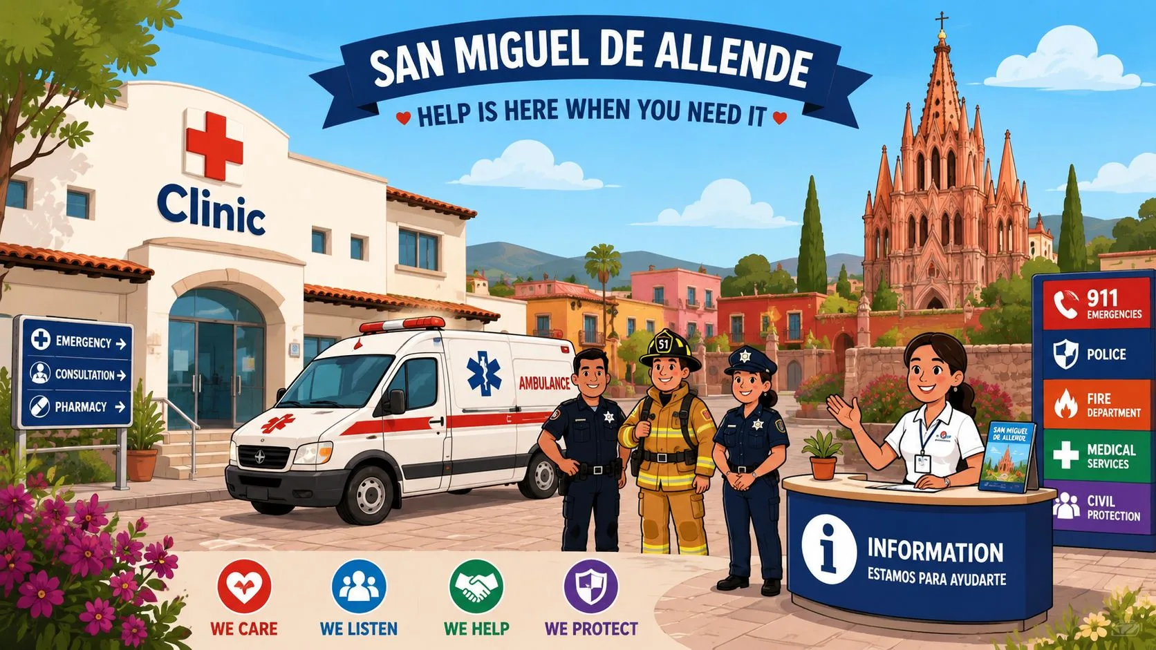 A welcoming illustration depicting San Miguel de Allende with emergency services, a clinic, and an information desk.