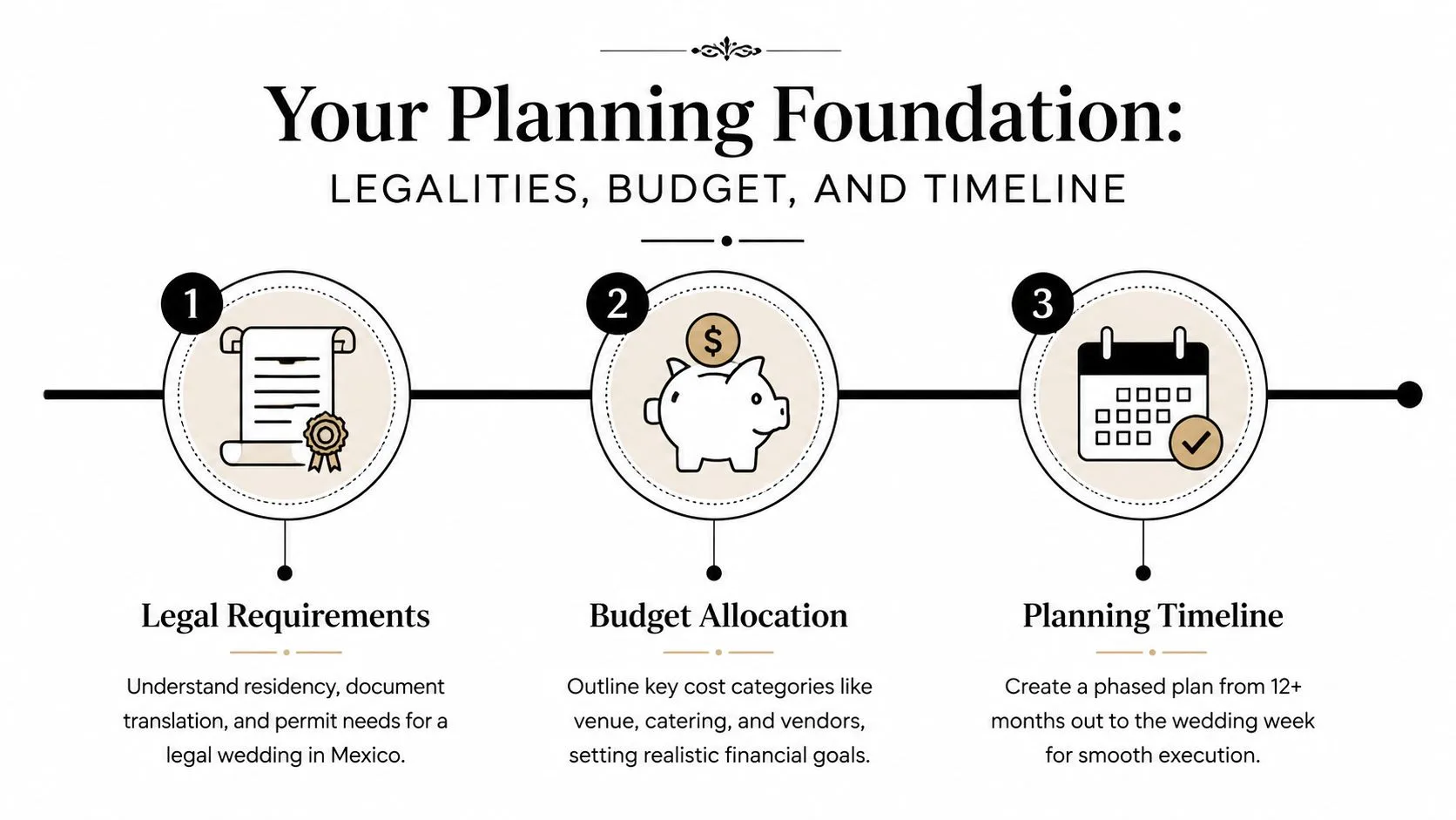 An infographic detailing the three main steps for planning a destination wedding in Mexico: legalities, budget, and timeline.