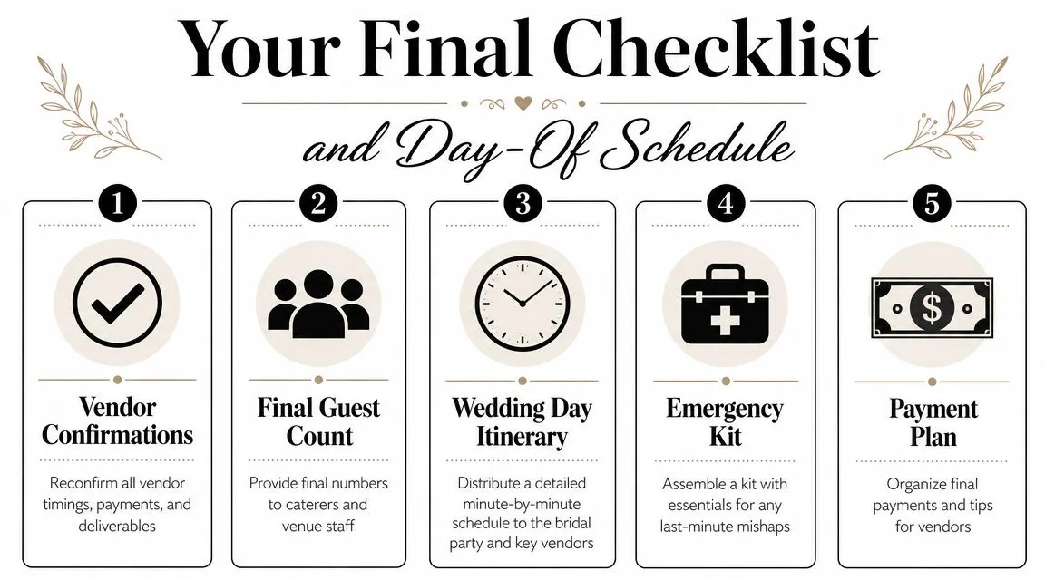 A five-step checklist and day-of schedule for wedding planning, detailing essential tasks for a seamless ceremony.