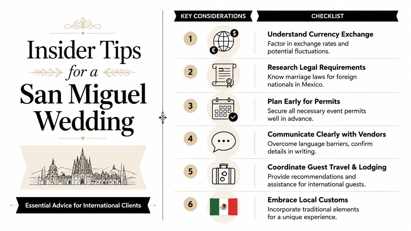 An infographic checklist for planning a wedding in San Miguel de Allende, Mexico, designed for international clients.