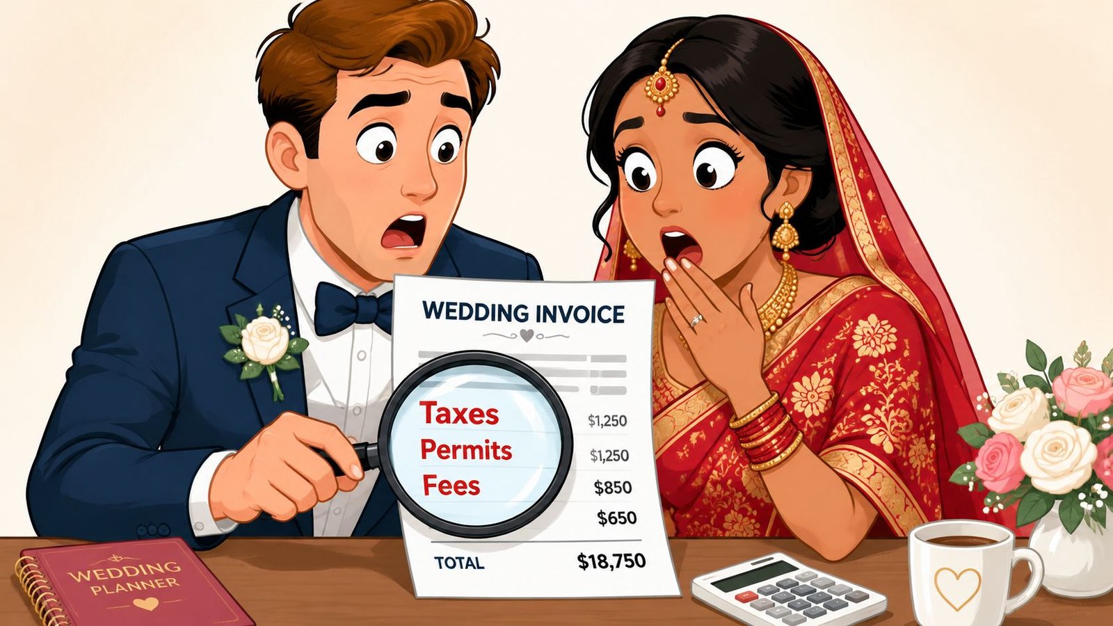 A shocked bride and groom looking at a high wedding invoice with a magnifying glass at a table.
