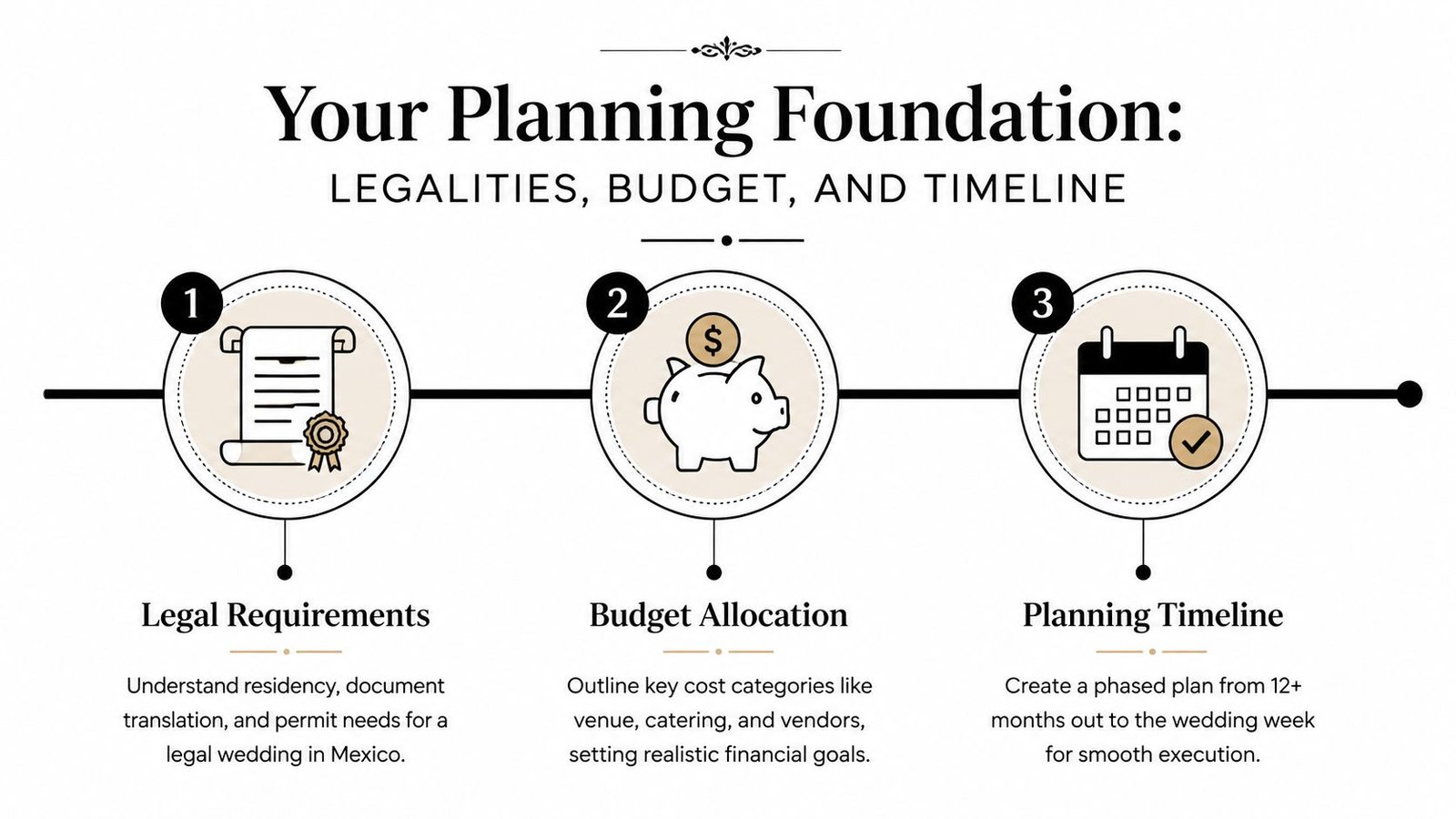 An infographic detailing the three main steps for planning a destination wedding in Mexico: legalities, budget, and timeline.