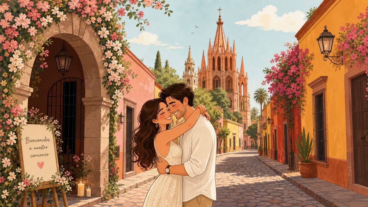A romantic couple embracing in a beautiful cobblestone street in San Miguel de Allende, Mexico.