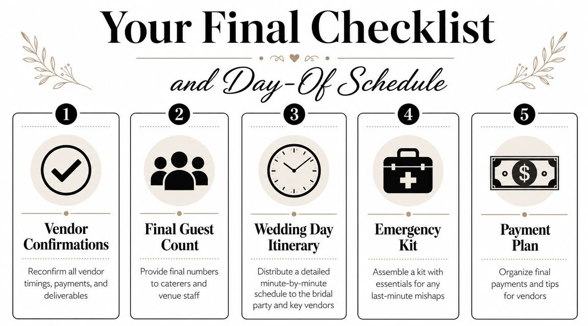 A five-step checklist and day-of schedule for wedding planning, detailing essential tasks for a seamless ceremony.