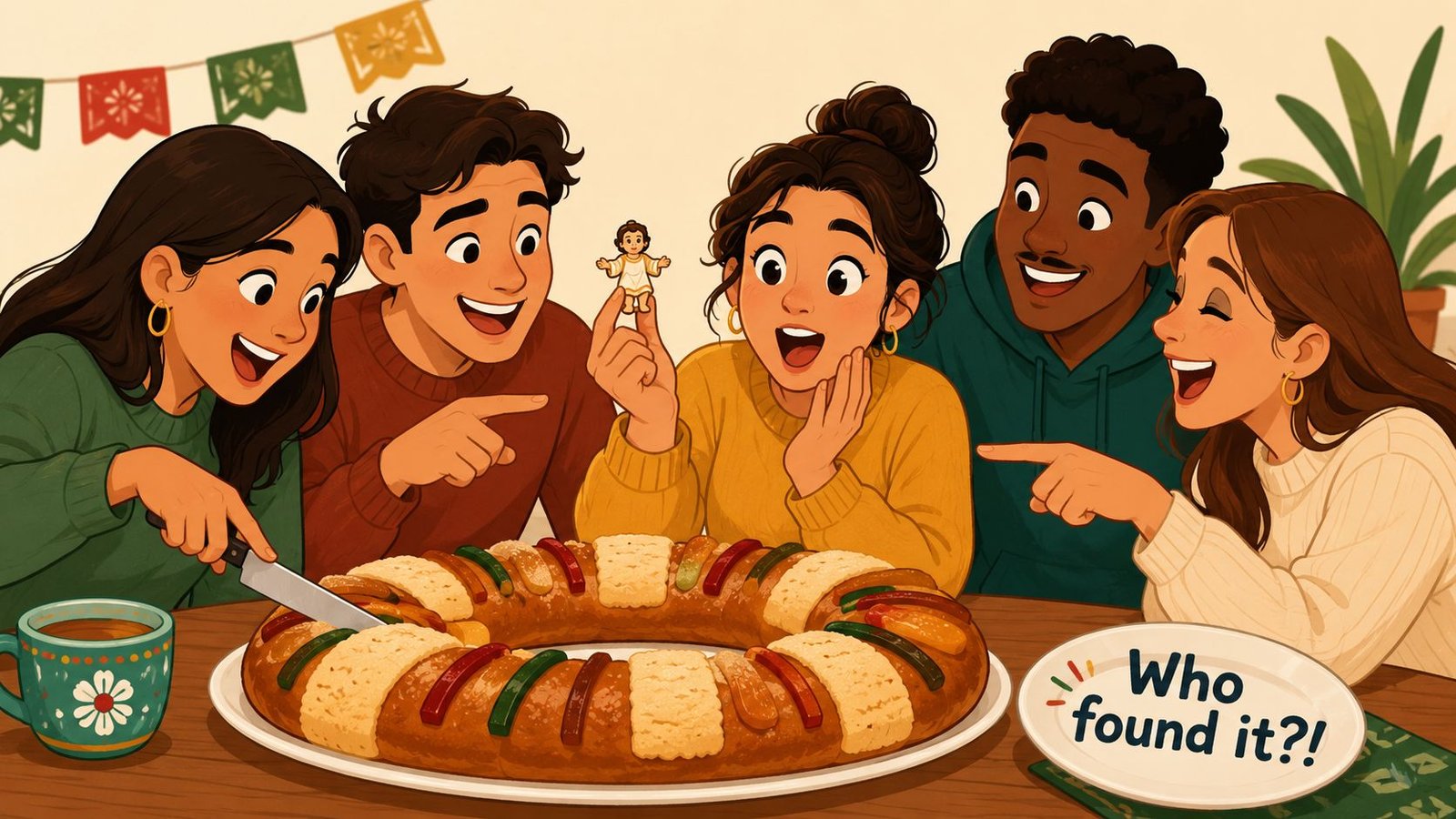 A group of friends joyfully celebrating El Dia de Reyes with a Rosca de Reyes cake.