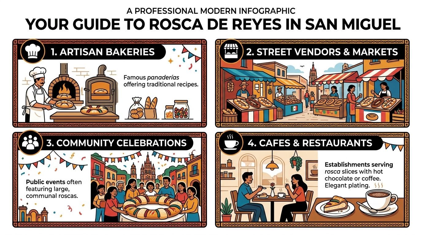 An infographic showing four common places to find Rosca de Reyes in San Miguel including bakeries and cafes.