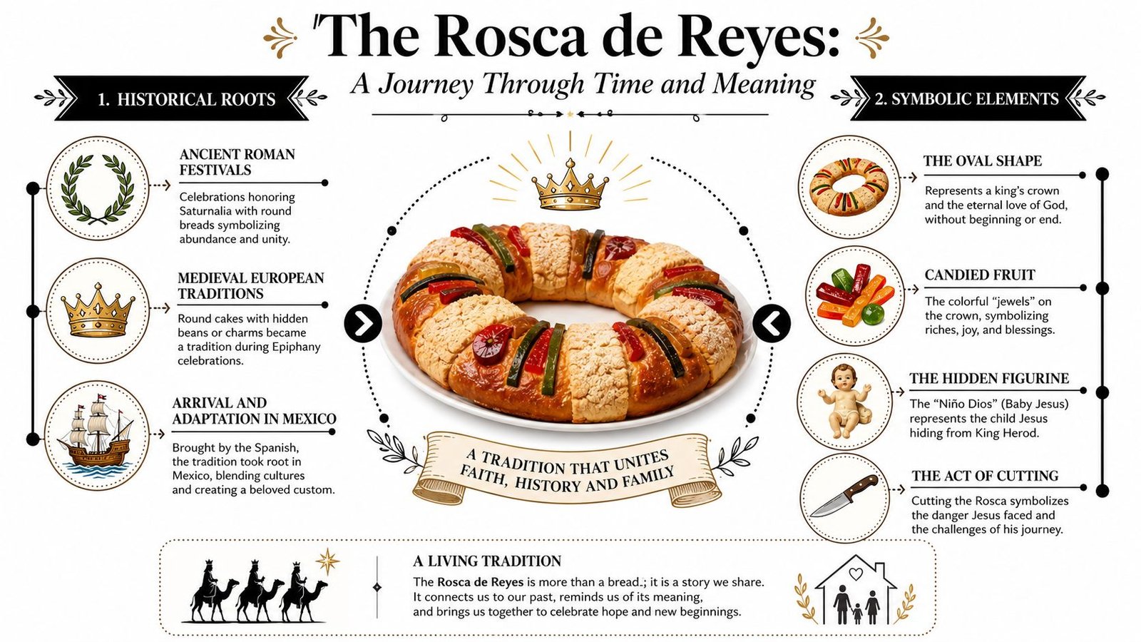 An infographic detailing the history and symbolic elements of the traditional Rosca de Reyes bread.