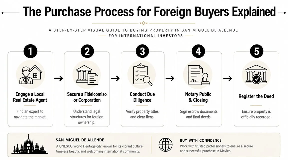 A five-step visual guide explaining the property purchase process for foreign investors in San Miguel de Allende.