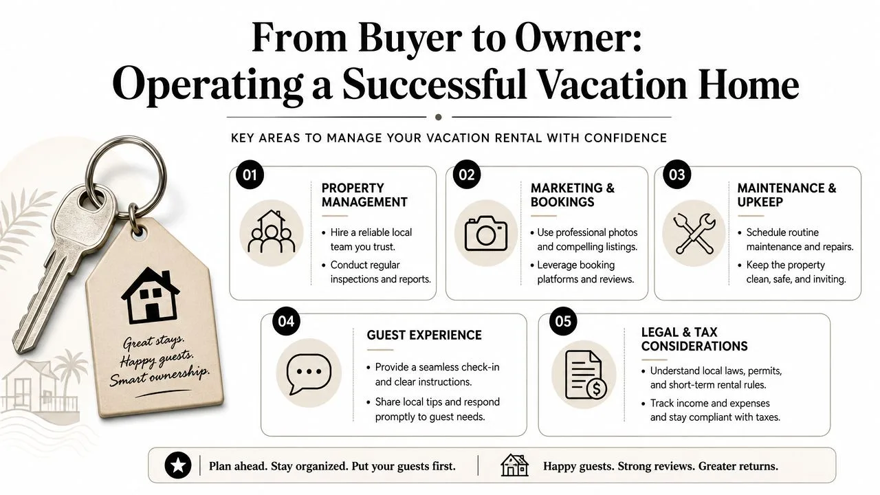 An infographic titled From Buyer to Owner detailing five essential steps for successfully managing vacation rental properties.