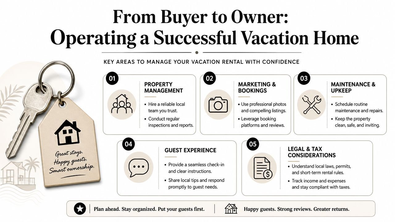 Invest in Vacation Homes San Miguel De Allende: 2026 Guide - Inside San Miguel An infographic titled From Buyer to Owner detailing five essential steps for successfully managing vacation rental properties.
